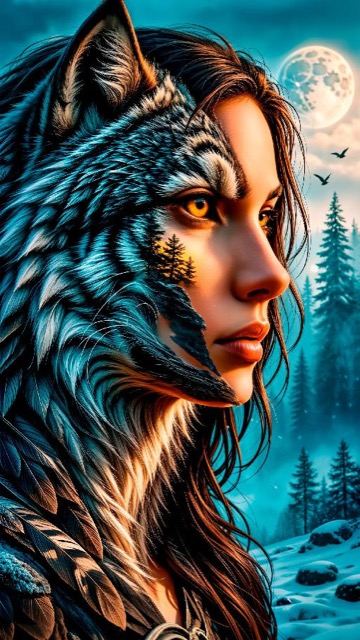 Moonlit forest portrait illustration