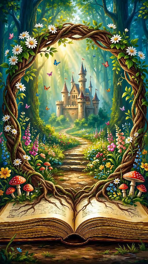 Fantasy-style coloring artwork featuring a storybook forest scene